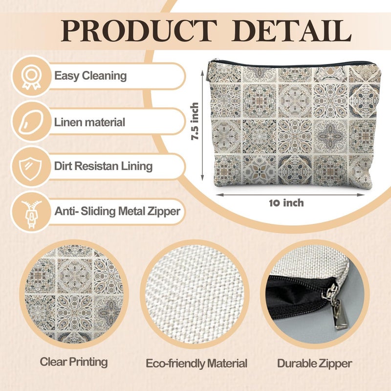 RYYCDOI Vintage Boho Mandala Floral Makeup Bag, Ethnic Moroccan and Mediterranean Tile Cosmetic Bags for Women, Mexican Gifts for Women, Traditional Block Print Zipper Makeup Pouch - Image 2
